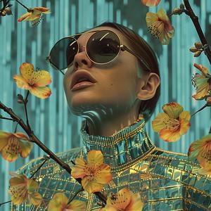woman  sunglasses  gold  flowers  surrounded  vivid  stylish  nature  chromolithography  chic 1040124
