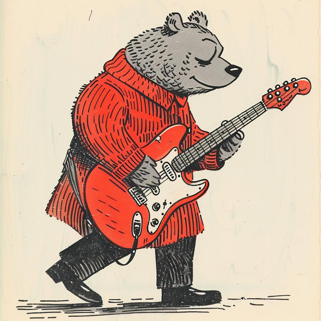 bear  guitar  anthropomorphic  music  illustration  character  Moebius  red  fantasy  whimsy 922718