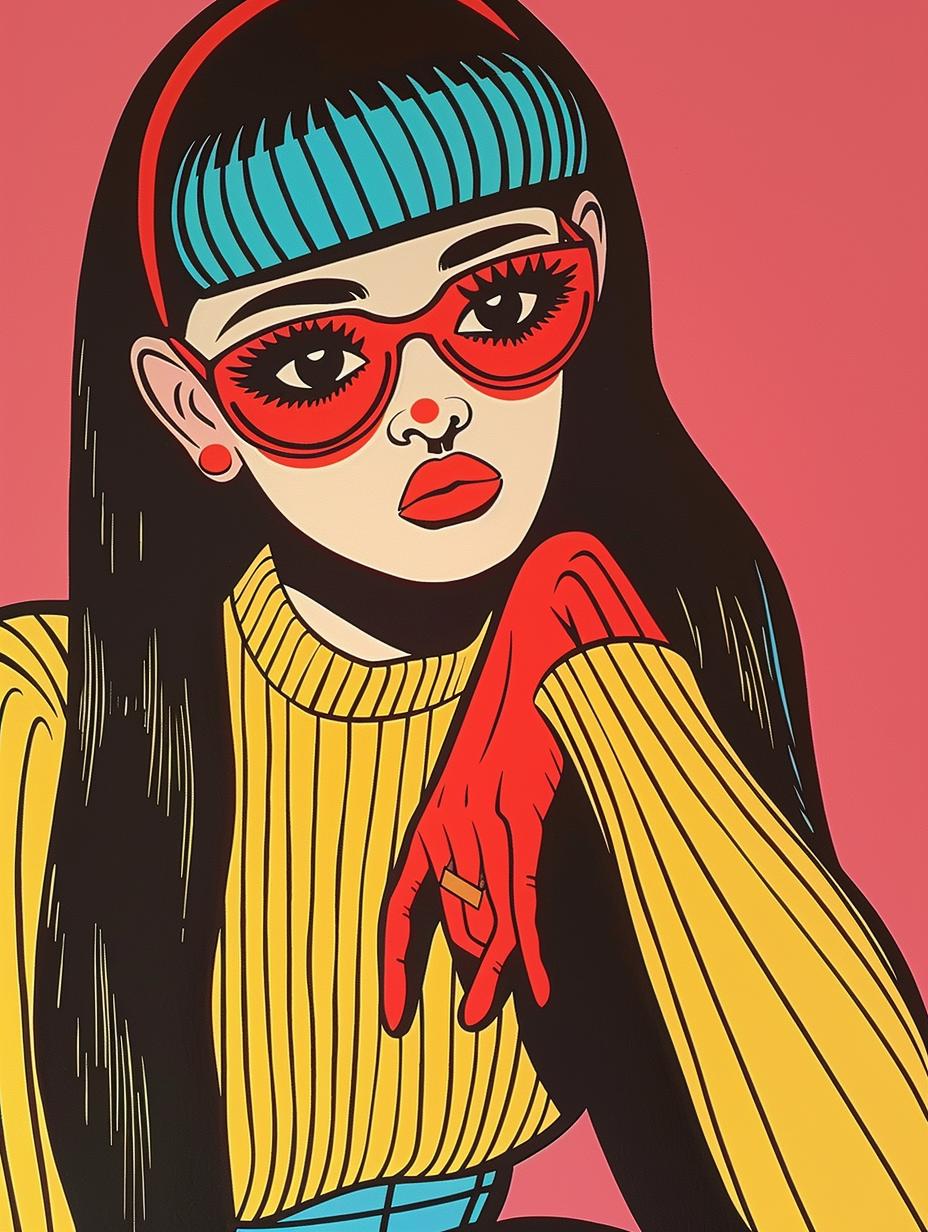 woman  sitting  criss-cross  pop-art  illustration  sunglasses  full-body  vibrant  colorful  playful 943760