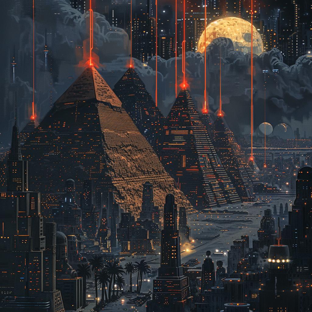 sci-fi  2D  gouache  illustration  egyptian  pyramids  moon  dark  epic  composition 922308