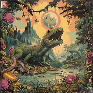 dinosaur  forest  sun  nature  background  colorful  art  landscape  chromolithography  scene 1058157