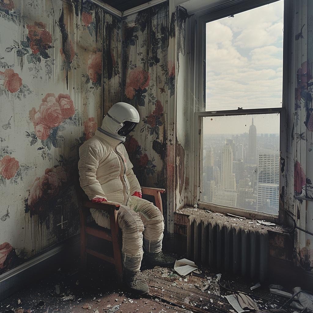 space  suit  empty  room  person  sitting  isolation  futuristic  serene  abstract 970079