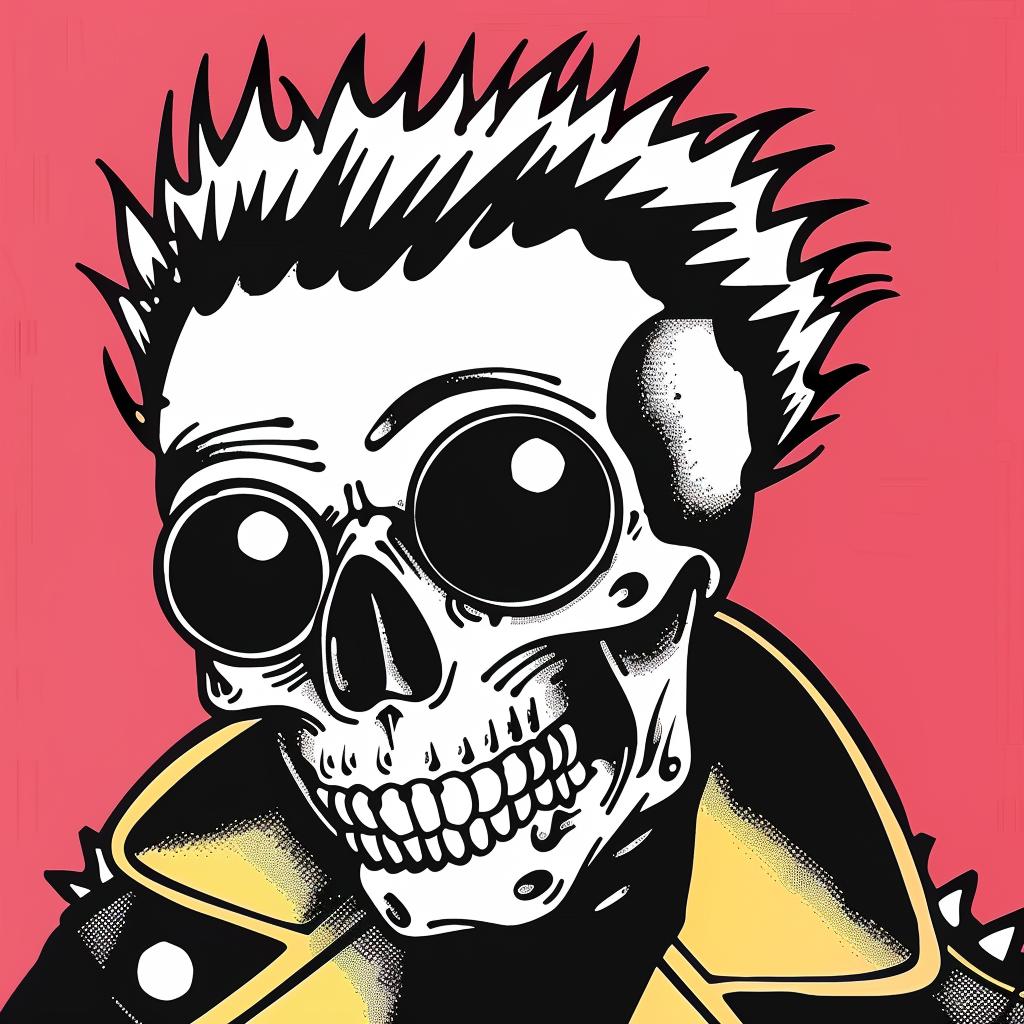 skull  cartoon  spiky  hair  jacket  character  edgy  illustration  bold  whimsical 940134