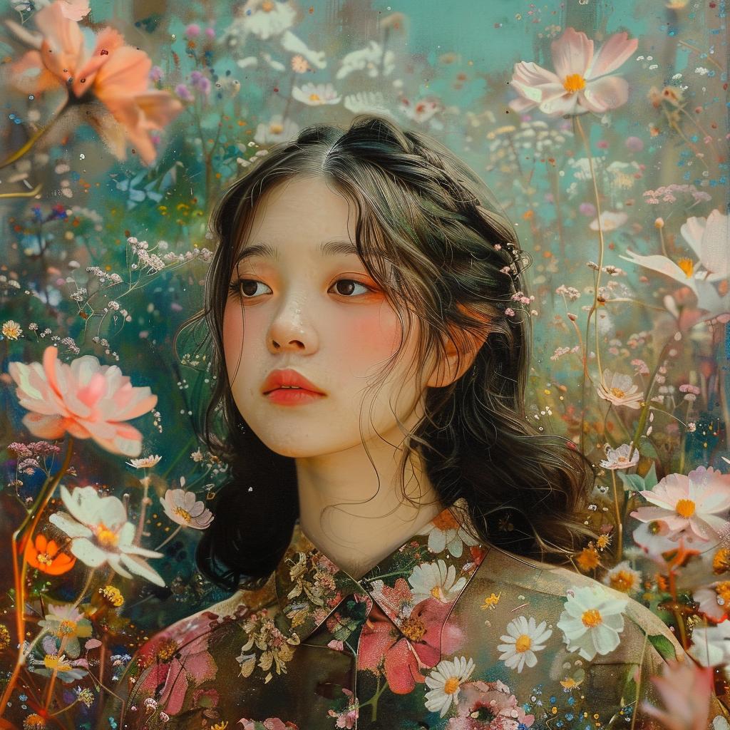 girl  flowers  painting  colorful  whimsical  nature  bloom  delicate  portrait  vibrant 960883