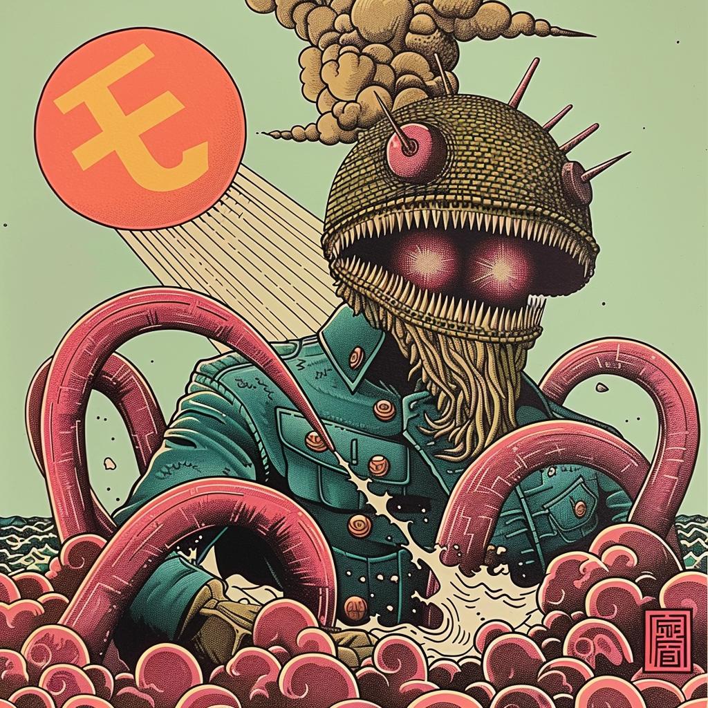 poster  octopus  dollar  symbol  japanese  lettering  colorful  playful  whimsical  design 946511