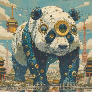 panda  mult-eyed  ominous  occult  Surrealism  ArtNouveau  pointillism  gold  indigo  teal 1077091