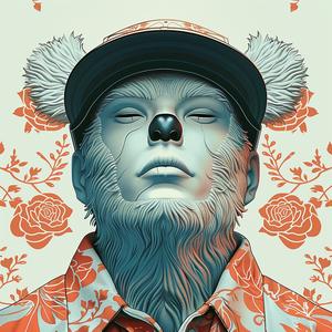 surreal  album  cover  bear  hat  flowers  Risograph  Symbolist  hyper-realistic  screenprinting 1077489