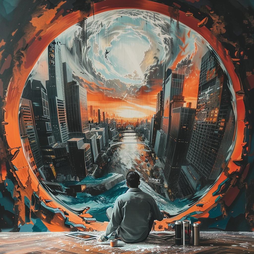 surreal  album  cover  hyper-realistic  screenprinting  man  painting  city  Odeith 960304