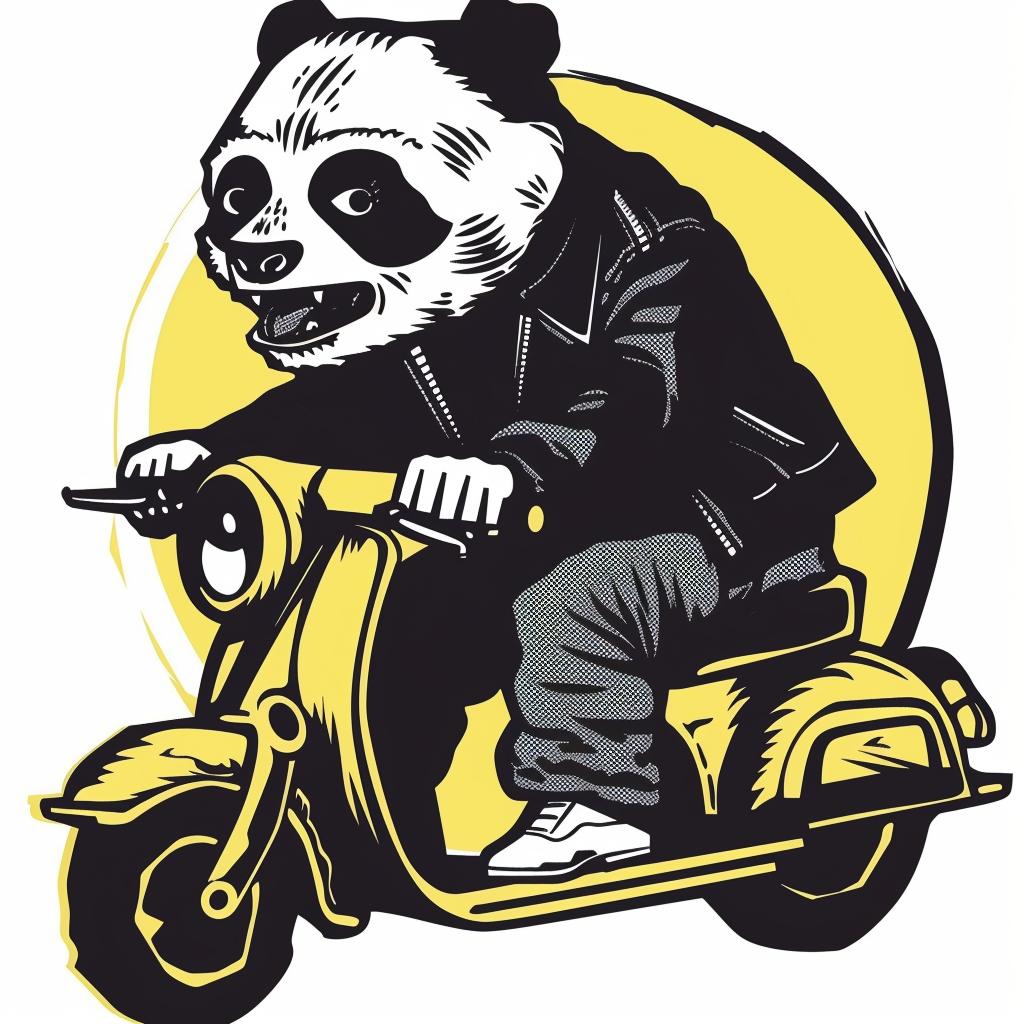 panda  scooter  happy  minimal  blue  yellow  whimsical  playful  cartoon  illustration 955372
