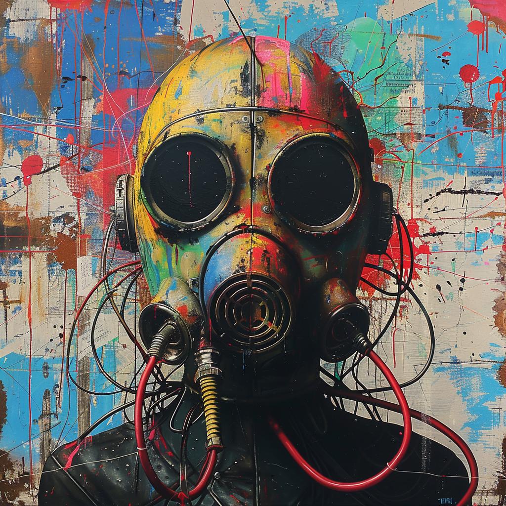 surreal  album  cover  hyper-realistic  screenprinting  Whatson  encaustic  gasmask  futuristic  man 959960