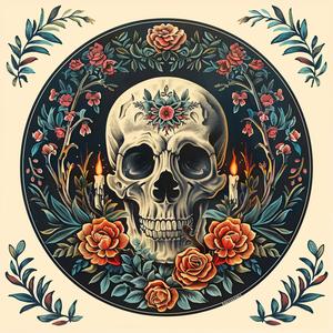 skull  roses  flowers  circle  chromolithography  decorative  symmetrical  dark  illustration  art 1048616