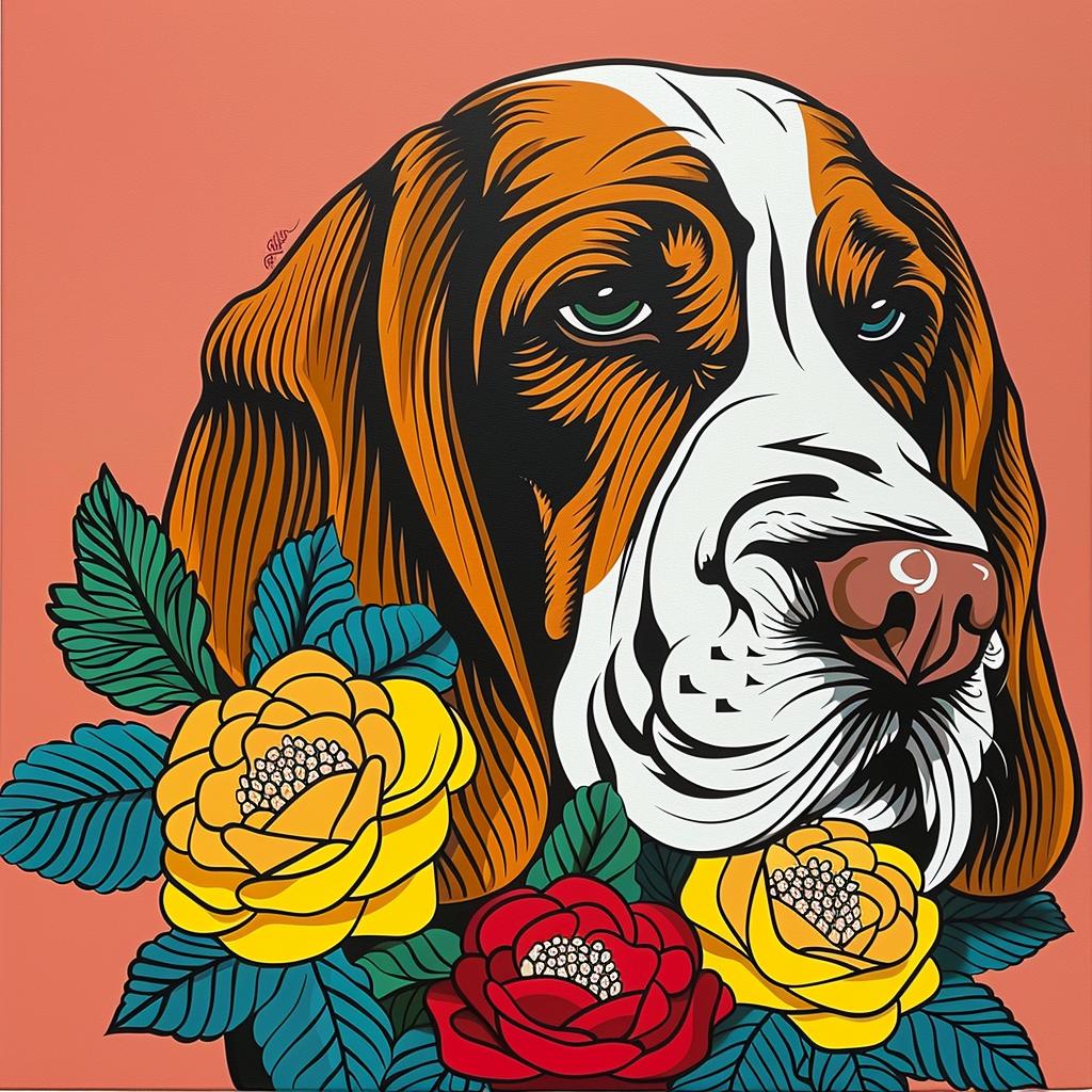 dog  flowers  orange  background  basset  hound  pet  colorful  portrait  whimsical 973346