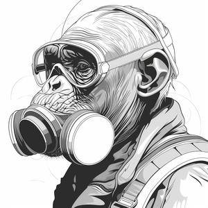 رسم بسيط لشمبانزي، قناع غاز، متجه خطي أسود وأبيض، قوي، SVG 1070737