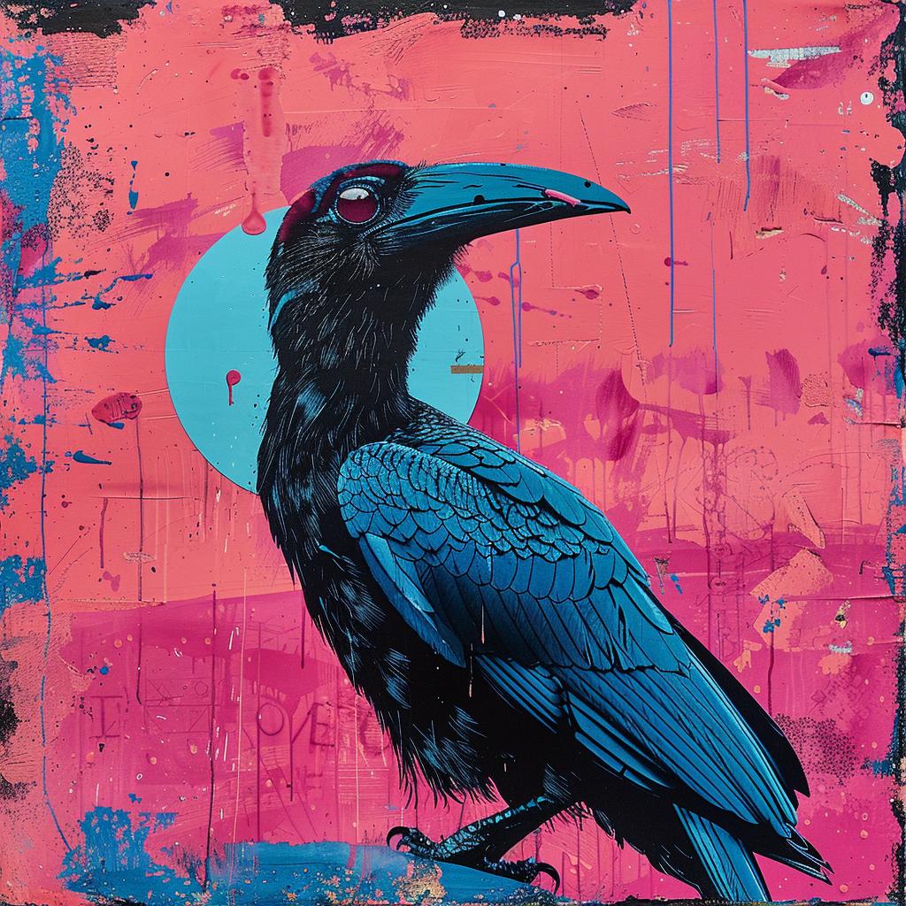 surreal  album  cover  hyper-realistic  screenprinting  ROA  crow  pink  background  art 960249
