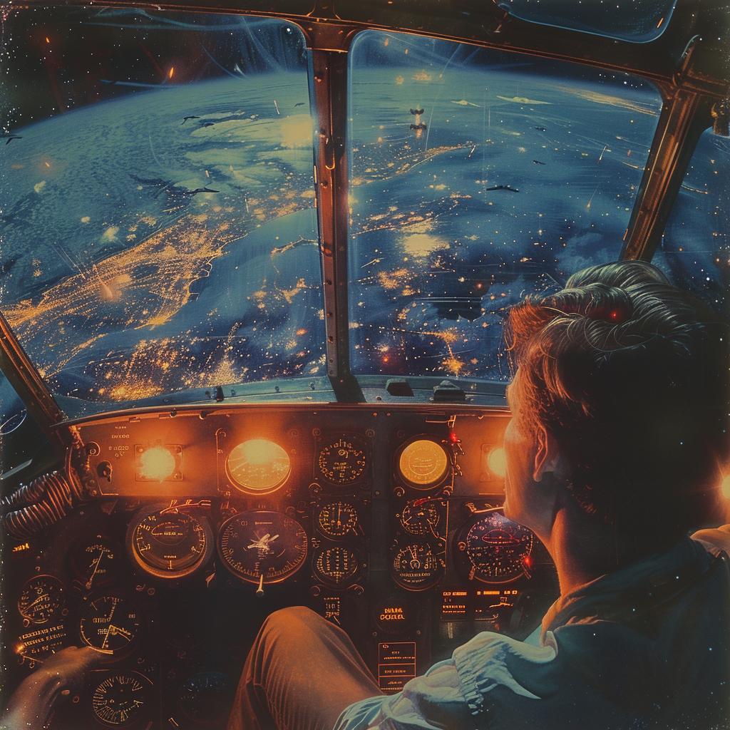 double  exposure  surreal  cockpit  biplane  earth  glow  blue  orange  volumetric 1031416