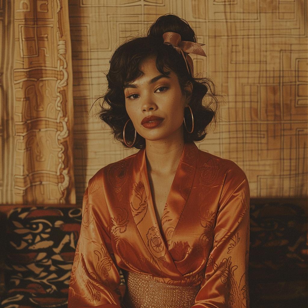 elegance  confidence  woman  robe  satin  dramatic  updo  makeup  contemplative  hoop 928092