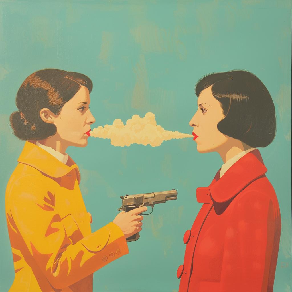surreal  album  cover  female  gun  smoke  art  painting  Joan  vivid 1017440