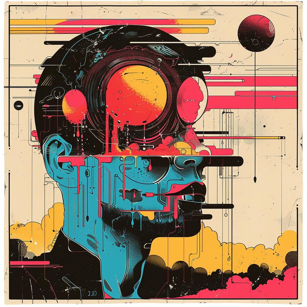surreal  album  cover  screenprinting  hyper-realistic  head  spaceship  man  minimal  poster 960340