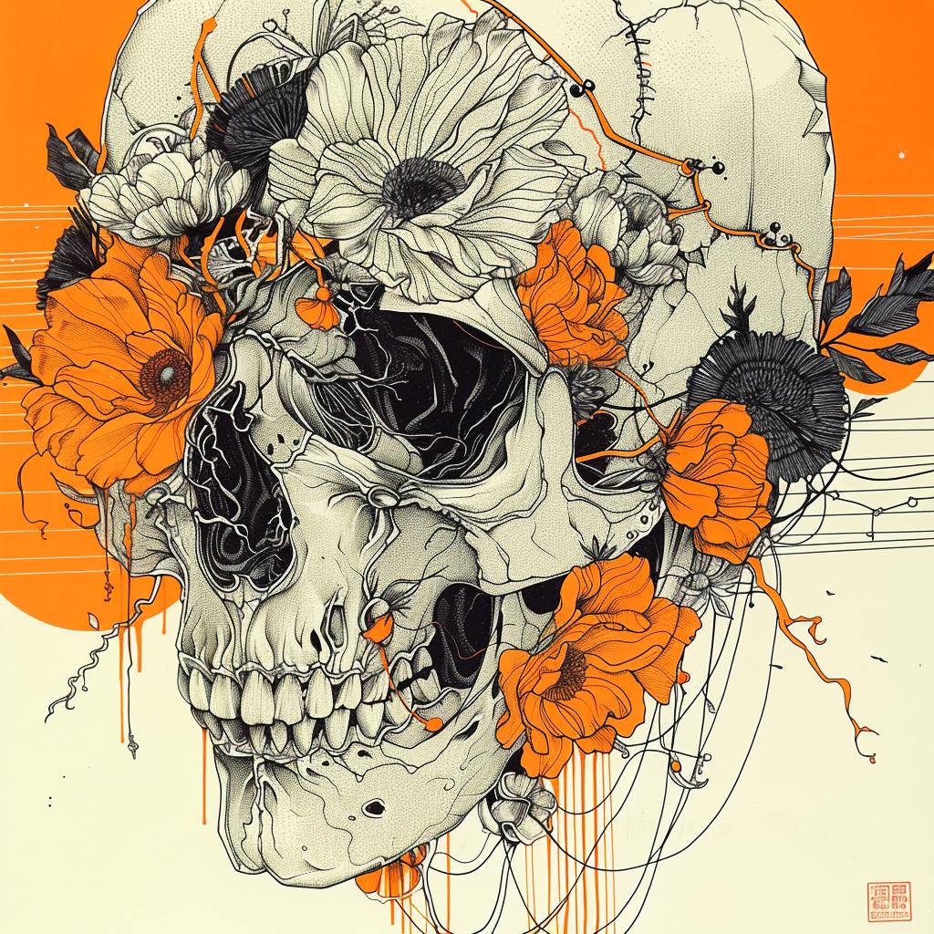 skull  flowers  badge  Japanese  symmetrical  art nouveau  dark  simple  minimal  elements 928966