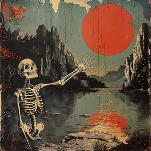 skeleton  red  sun  background  chromolithography  dark  surreal  art  painting  vintage 1055982