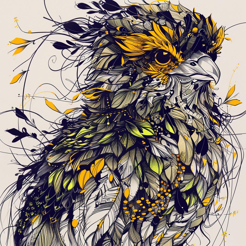 owl  yellow  black  feathers  mythical  hybrid  creature  fantastical  unique  blend 952594
