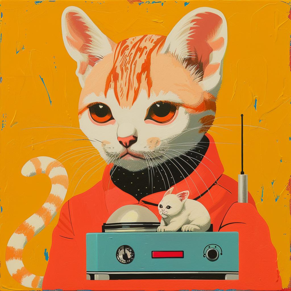 cat  radio  red  jacket  painting  playful  whimsical  colorful  animal  contemporary 966496