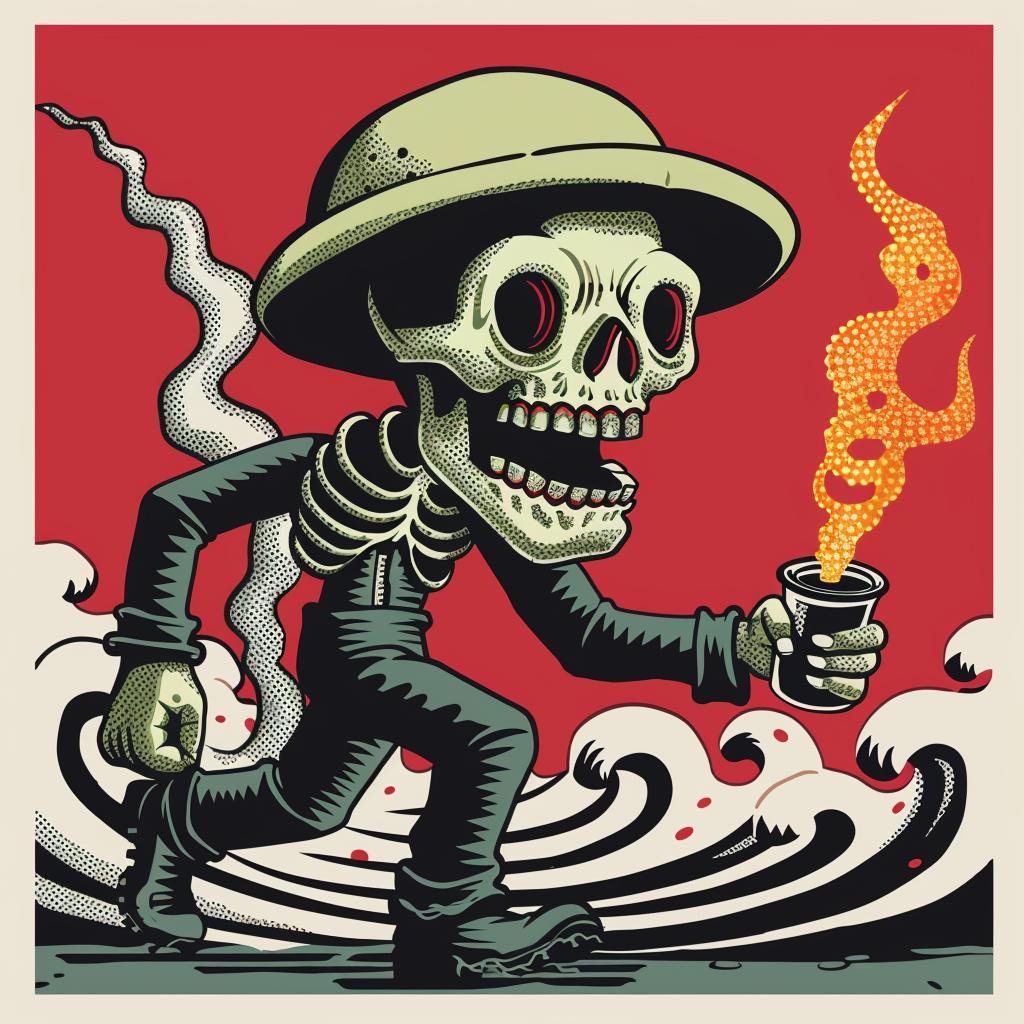 creature  japanese  lettering  skeleton  hat  overalls  beer  running  cartoon  art 946077