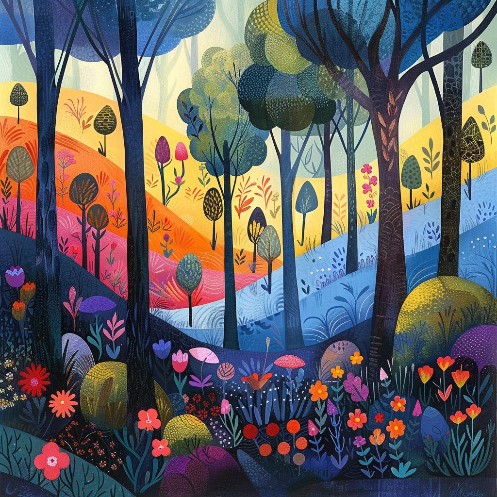 رسم توضيحي لغابة، أزهار ملونة، أشجار، طبيعة خلابة، نابضة بالحياة، تركيب 938684
