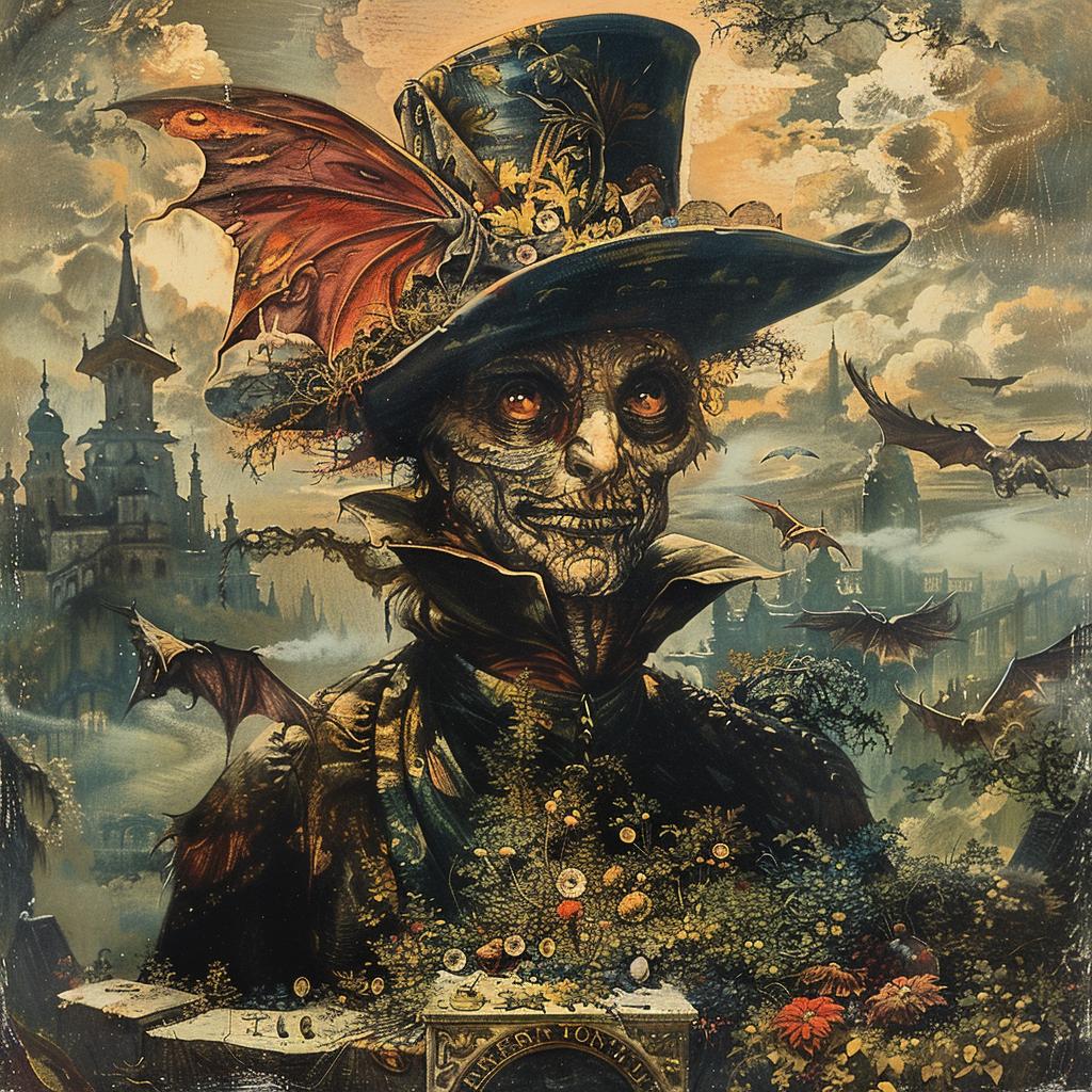 skeleton  top hat  bat  chromolithography  creepy  whimsical  illustration  dark  playful  macabre 1035258