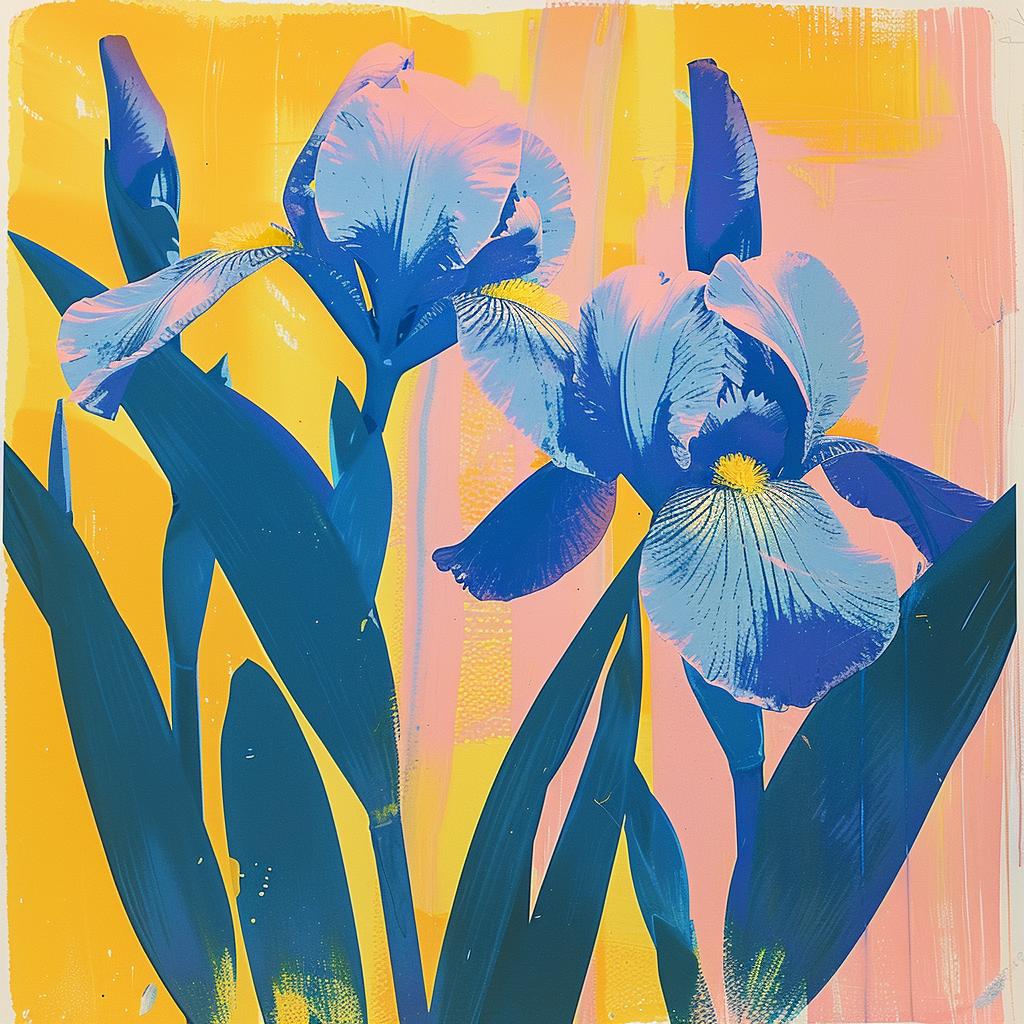 Iris  flowers  Risograph  Chinese  art  painting  blue  yellow  style  influence 970508
