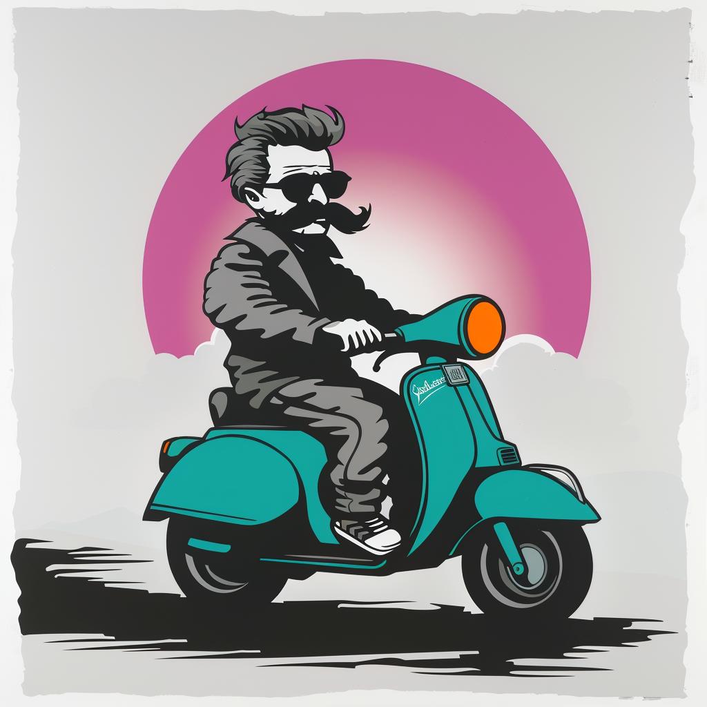 man  scooter  mustache  motorcycle  casual  transportation  playful  stylized  dynamic  adventure 1021473