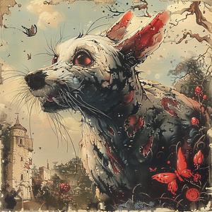 dog  red  eyes  flowers  chromolithography  painting  art  figurative  whimsical  colorful 1049646