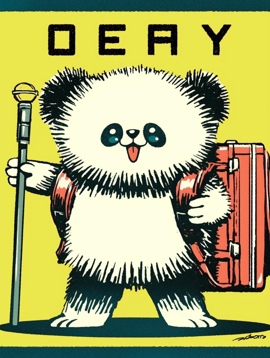 poster  panda  microphone  suitcase  graphic  design  whimsical  colorful  art  retro 9314
