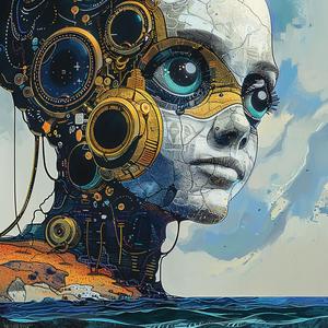woman  robot  head  jack  kirby  comic  art  surrealism  pointillism  teal 1076269