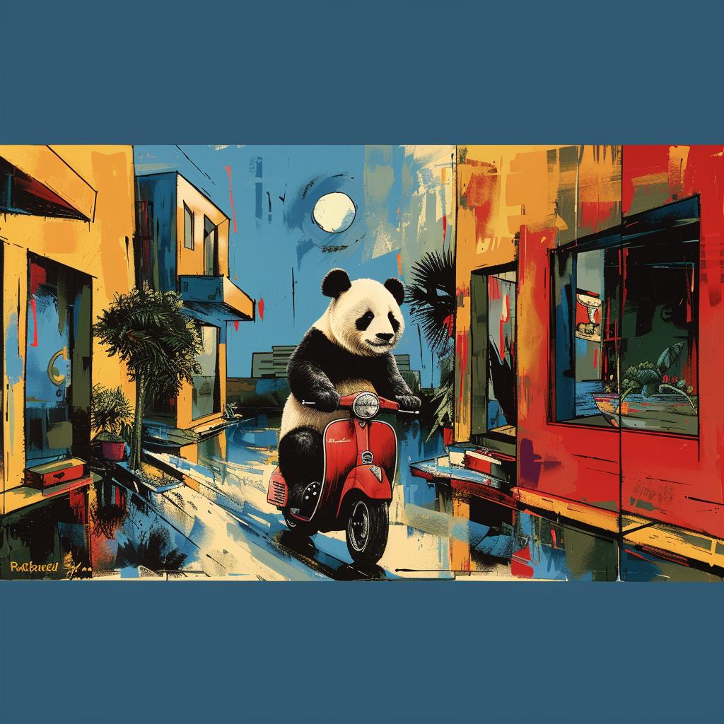 panda  moped  painting  humor  fun  animal  transport  whimsical  illustration  colorful 1027251