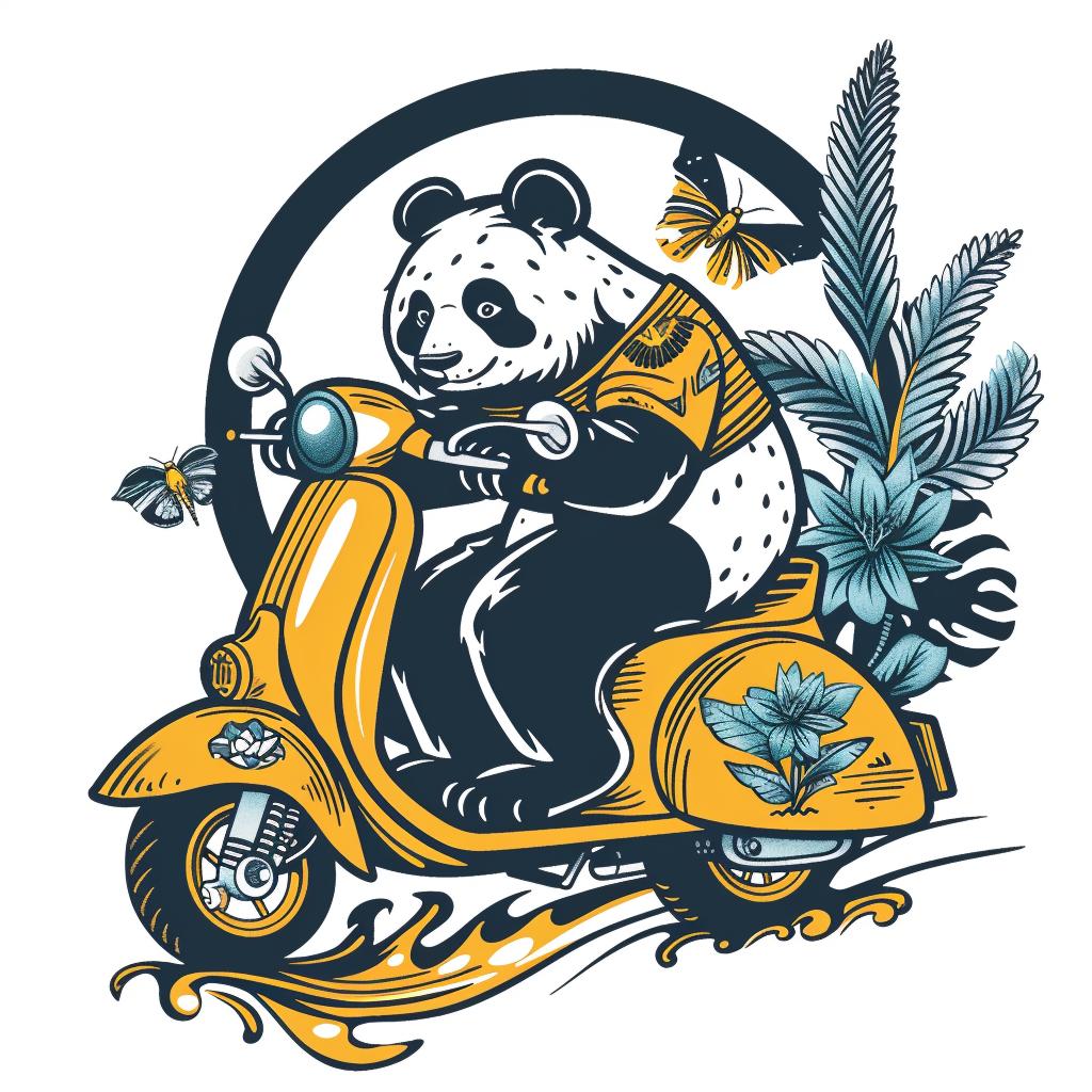 panda  scooter  flowers  butterflies  playful  whimsical  cute  illustration  colorful  animal 943525