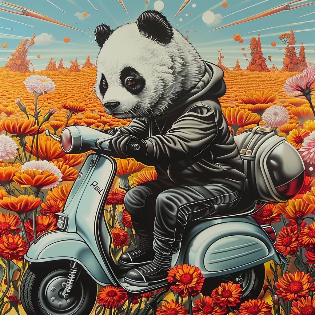 panda  streetwear  moped  marigolds  flowers  colorful  playful  whimsical  illustration  cartoon 1028432