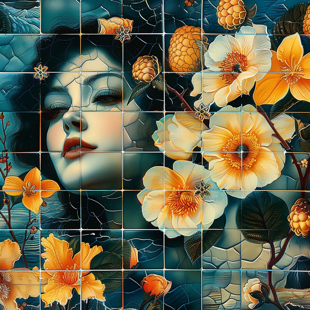 woman  flowers  mosaic  tile  ochre  hues  nature  floral  decorative  art 963600