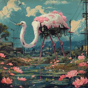 chromolithography  painting  pink  flamingo  water  lilies  art  colorful  nature  scene 1059933