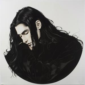 رسم سريالي لرجل سمراء، طباعة شاشة ريسوغراف فائقة الواقعية، رمزي، شعر طويل، أبيض وأسود، 1077385