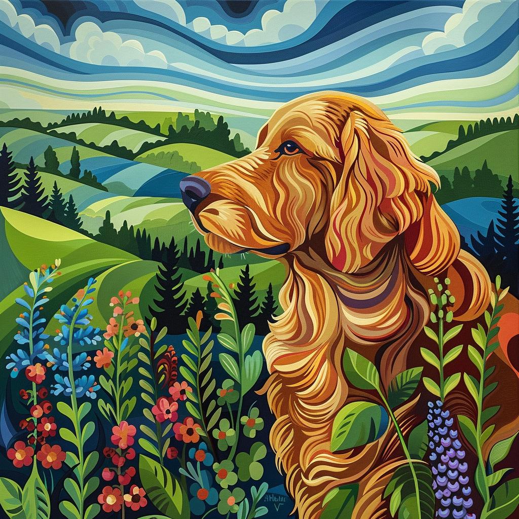 golden  retriever  French  countryside  vibrant  textured  whimsical  lush  painting  nature 938651