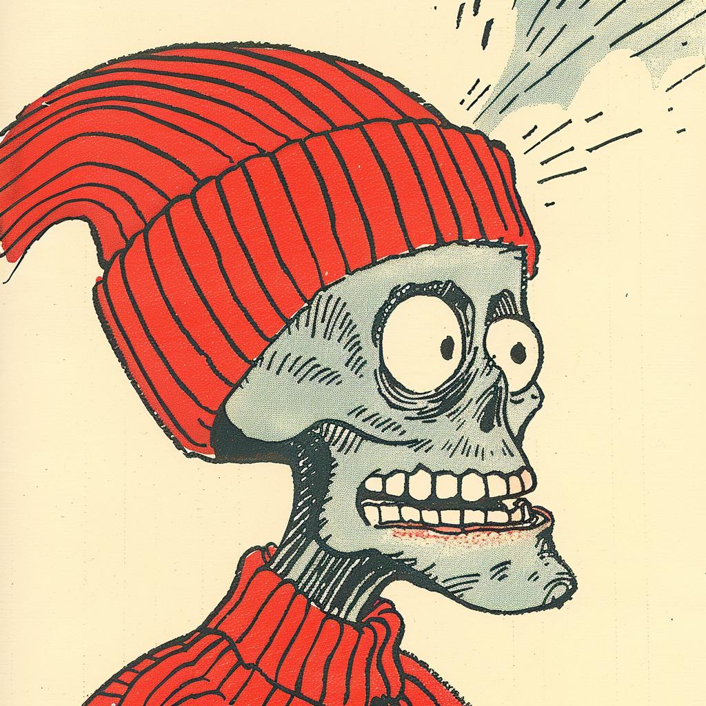 skeleton  Jack  Kirby  1950s  cartoon  red  hat  sweater  vibrant  portrait 919764