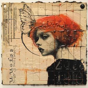 woman  red  hair  butterfly  encaustic  paint  portrait  vibrant  artwork  stylized 1063995