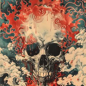 skull  clouds  red  black  surreal  symbolist  hyper-realistic  screenprinting  art  painting 1078333