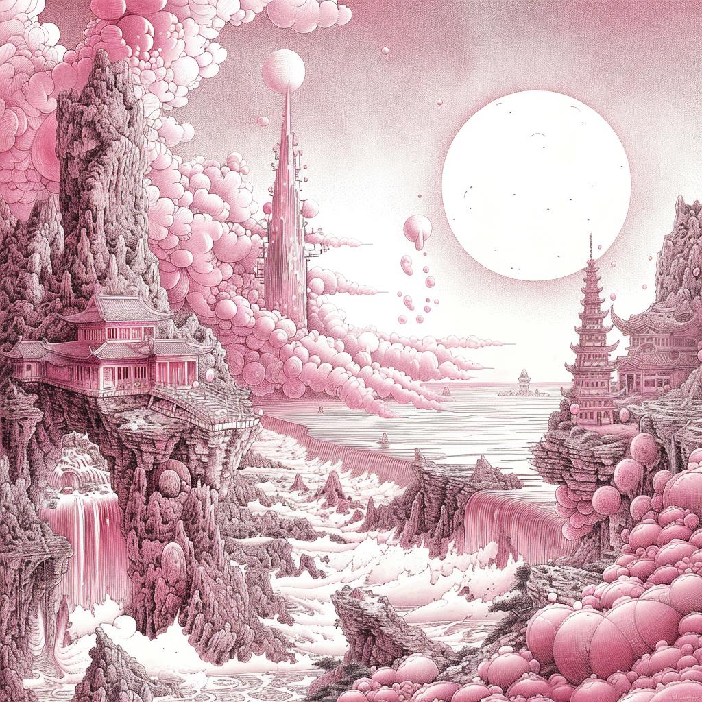 minimal  synthwave  Ukiyo-e  castle  sky  pink  surreal  Risograph  Symbolist  art 916271