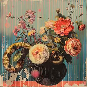 chromolithography  painting  flowers  vase  blue  background  colorful  art  nature  still-life 1041287