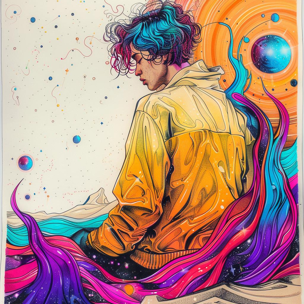 drawing  man  sitting  ground  colorful  waves  art  style  abstract  design 941698