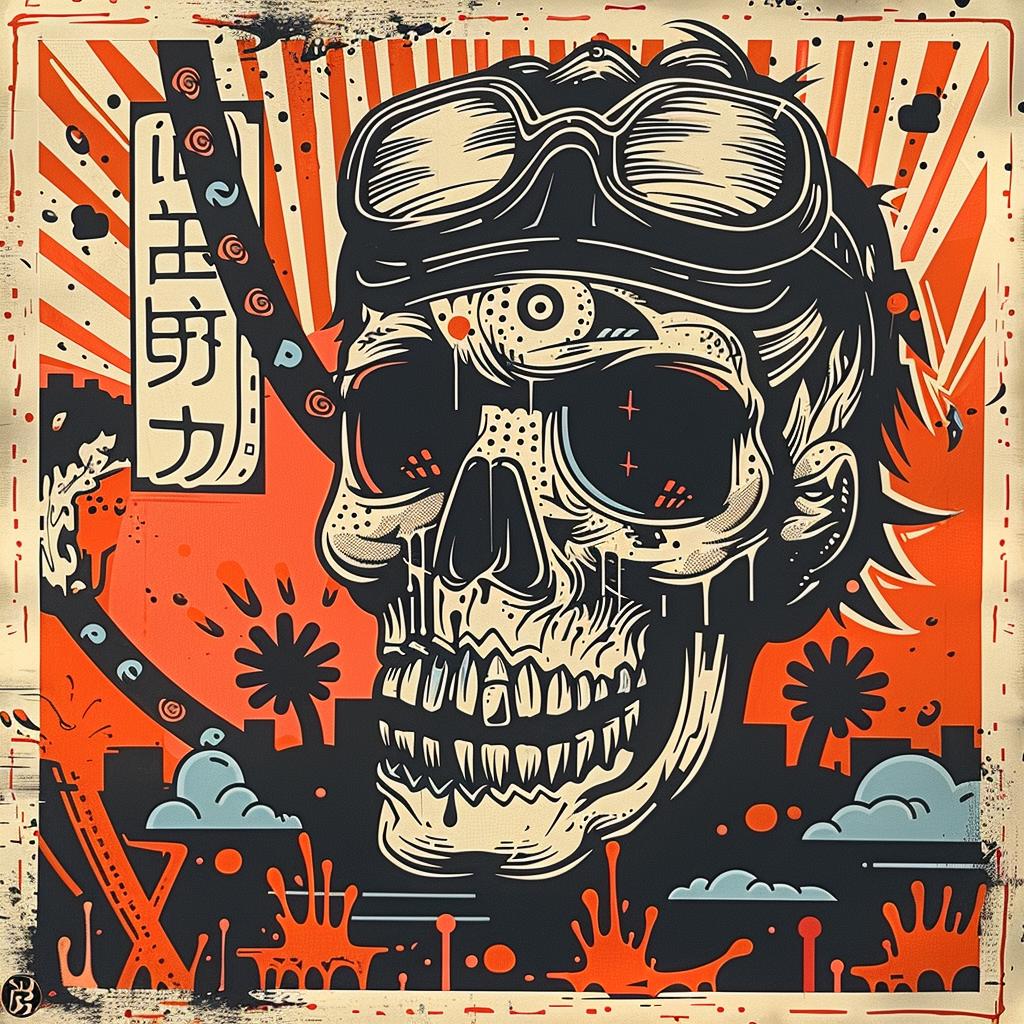 skull  goggles  hat  poster  art  creative  Japanese  lettering  style  vibrant 948992