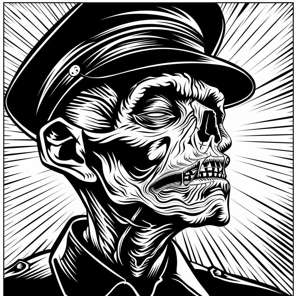 zombie  military  silhouette  vintage  icon  emblem  black  white  bold  linocut 951717