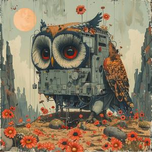 owl  machine  flowers  chromolithography  nature  urban  whimsical  colorful  sitting  artistic 1059499